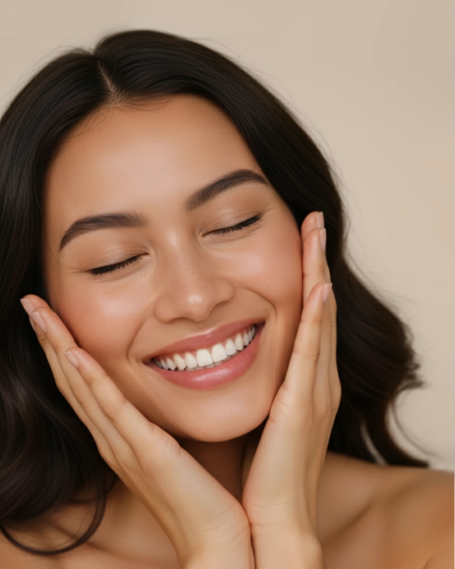 Primer plano de una mujer con el rostro radiante y una sonrisa natural. Sus manos enmarcan su cara, transmitiendo una sensación de felicidad, salud y plenitud estética.