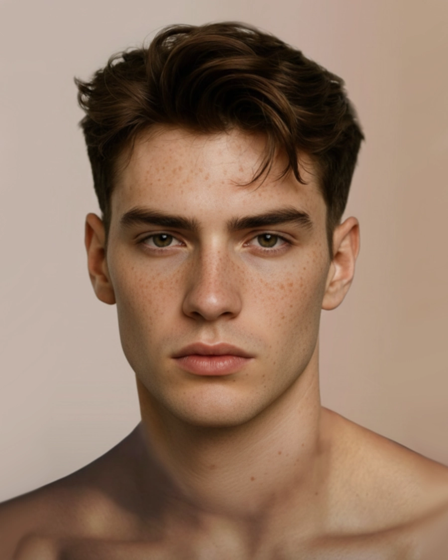Primer plano de un hombre joven con facciones definidas y pecas naturales. Su mirada directa y la estética limpia de la imagen refuerzan un concepto de estética masculina moderna, salud y cuidado de la piel.