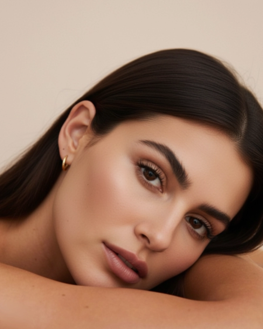 Primer plano de una mujer joven con una piel impecable y maquillaje natural que resalta una mirada profunda. La composición en tonos cálidos evoca elegancia, serenidad y sofisticación.