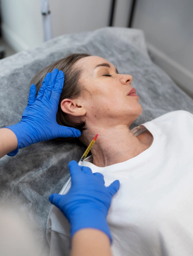 Primer plano de un tratamiento inyectable en la zona del cuello. Un profesional con guantes azules realiza una aplicación estratégica para mejorar la firmeza cutánea y definir el perfil de la paciente.